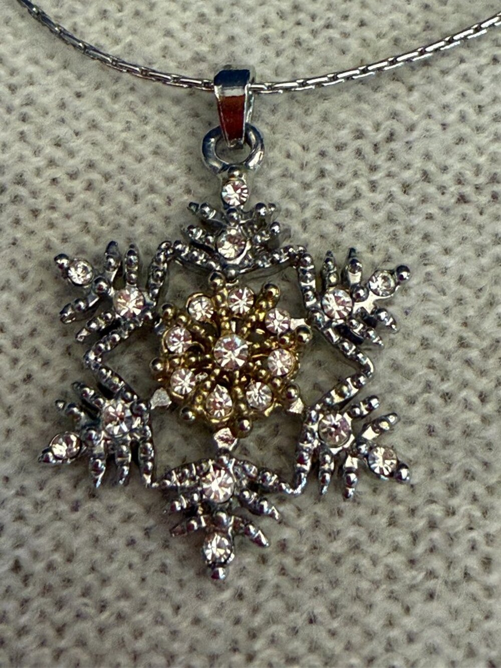 Two Tone Crystal Rhinestone Snowflake Pendant Necklace 15.5”
